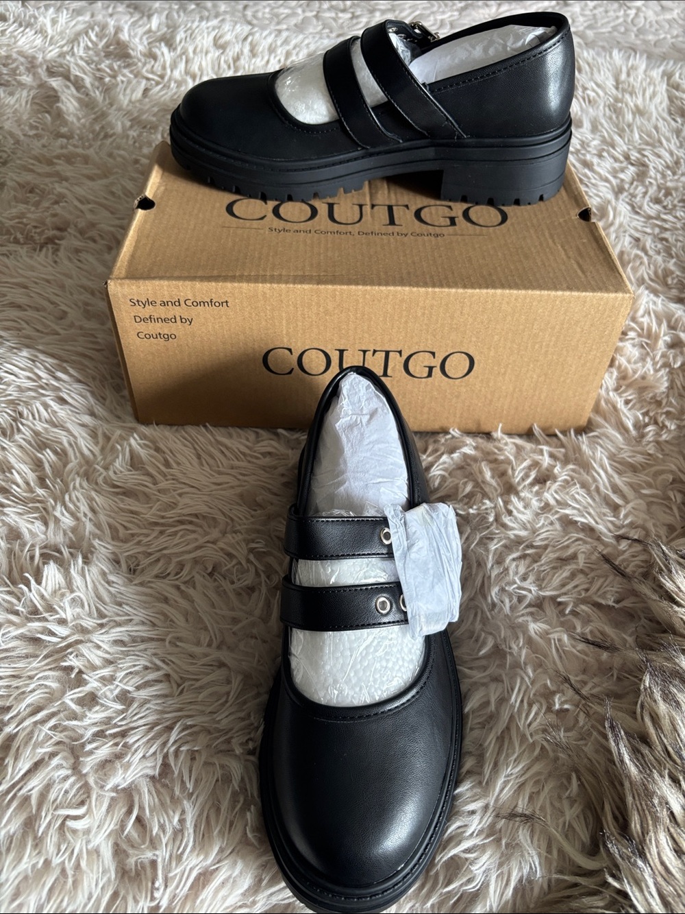 Coutgo Black Double-Strap Mary Jane Platform Shoes